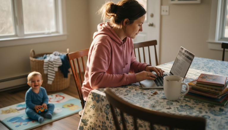 Mom blogger working from kitchen table