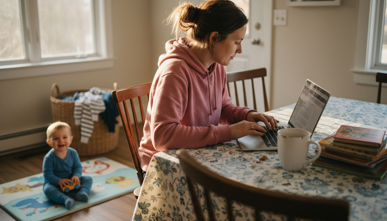 Mom blogger working from kitchen table