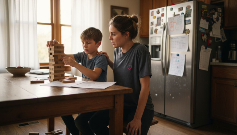 Mother encouraging child building block tower