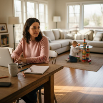 Mom working on laptop at home with child nearby
