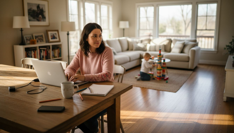 Mom working on laptop at home with child nearby