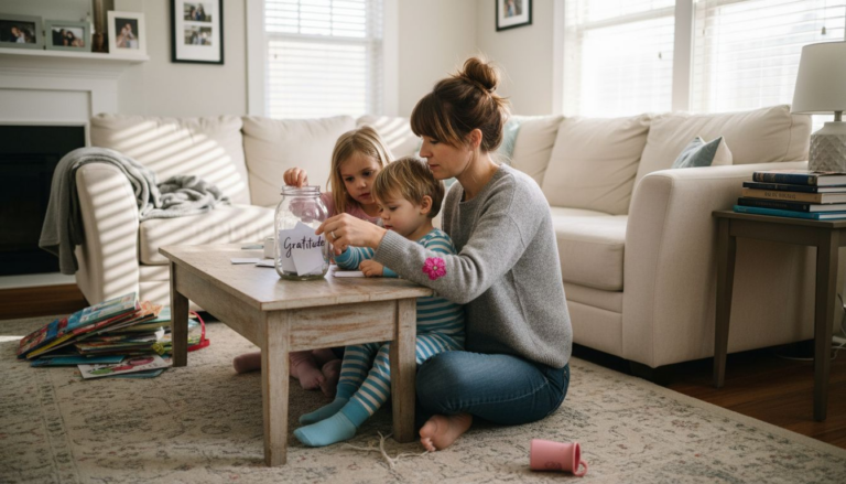 Mom and kids at gratitude jar in living room