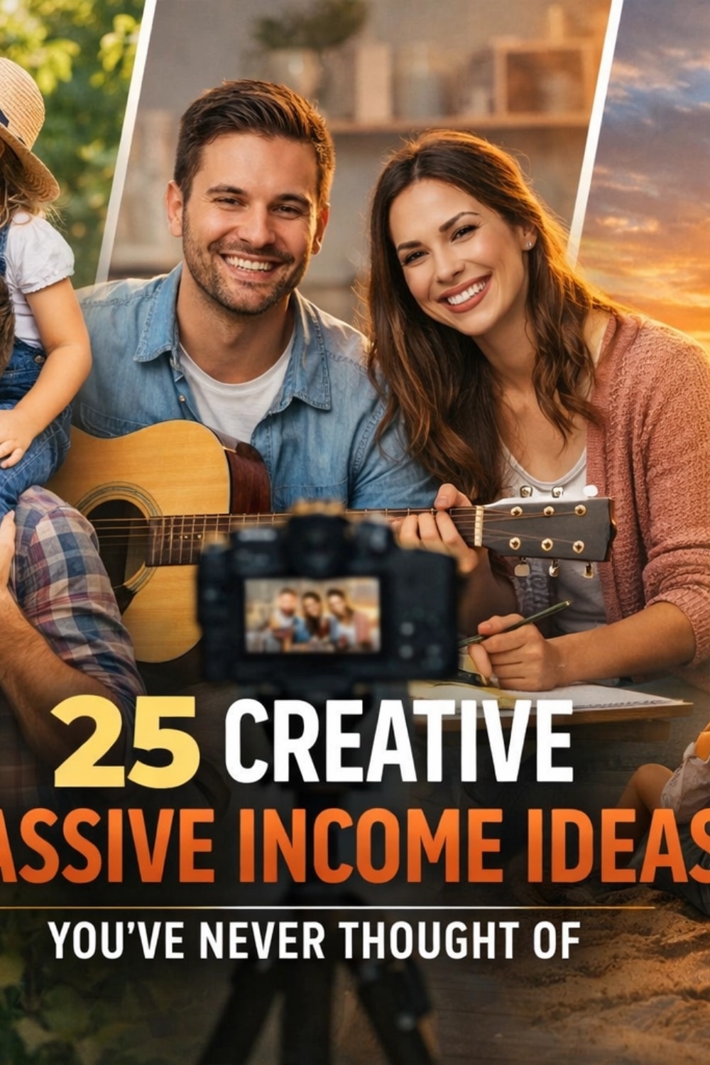A smiling man and woman play guitars for a camera, surrounded by happy family members. Text reads: 25 Creative Passive Income Ideas Youve Never Thought Of.