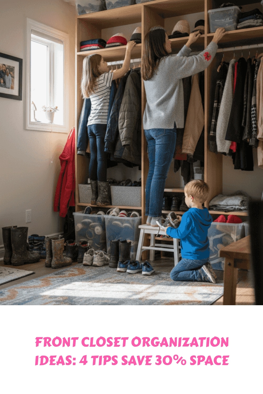 A woman and two children organize a front closet with coats, shoes, and storage bins. The woman stands on a stool, reaching a top shelf, while a child hands her a bin. Text reads: Front closet organization ideas: 4 tips save 30% space.