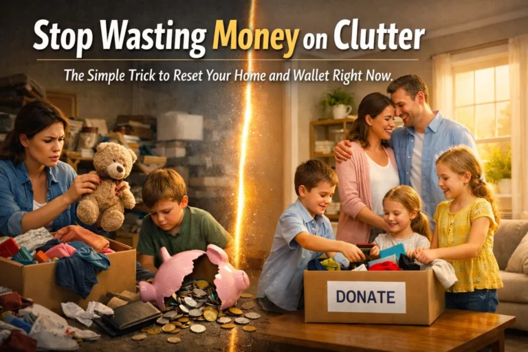 A split image shows a stressed woman and kids surrounded by clutter on the left, and a happy family donating items on the right. Text reads: “Stop Wasting Money on Clutter. The Simple Trick to Reset Your Home and Wallet Right Now.”.