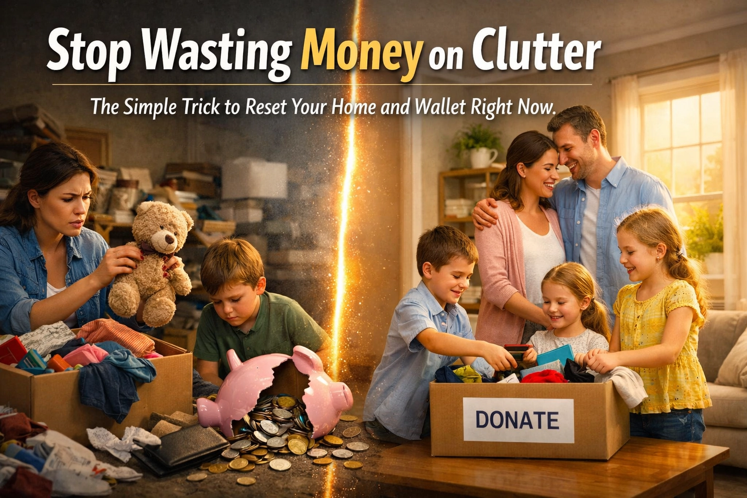 A split image shows a stressed woman and kids surrounded by clutter on the left, and a happy family donating items on the right. Text reads: “Stop Wasting Money on Clutter. The Simple Trick to Reset Your Home and Wallet Right Now.”.