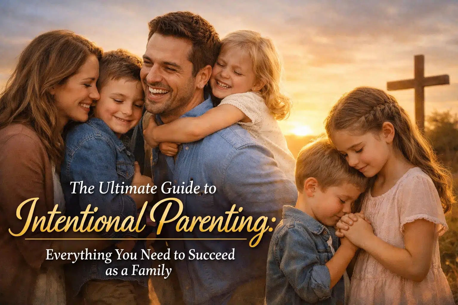A happy family of two parents and four young children smiles and embraces outdoors at sunset, with a wooden cross in the background. Text reads, The Ultimate Guide to Intentional Parenting: Everything You Need to Succeed as a Family.