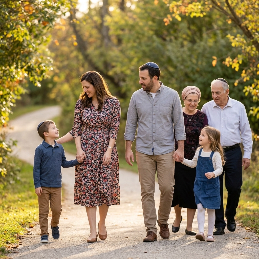 A multigenerational family of six walks together on a sunlit path surrounded by greenery, smiling and holding hands. The group includes two children, two adults, and two elderly adults.