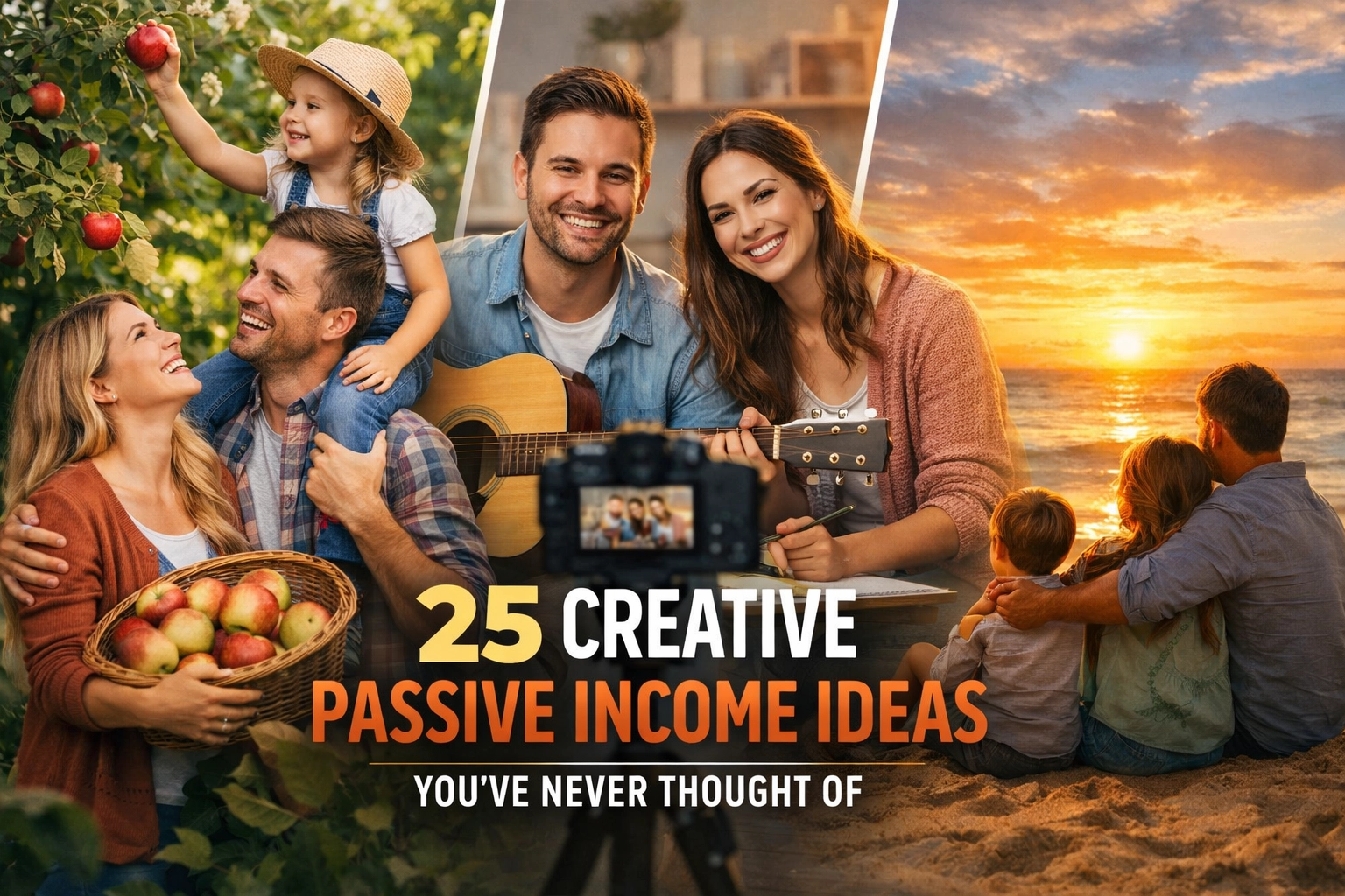 A happy family picks apples, plays guitar, and watches a sunset together. Bold text reads “25 Creative Passive Income Ideas You’ve Never Thought Of.”.