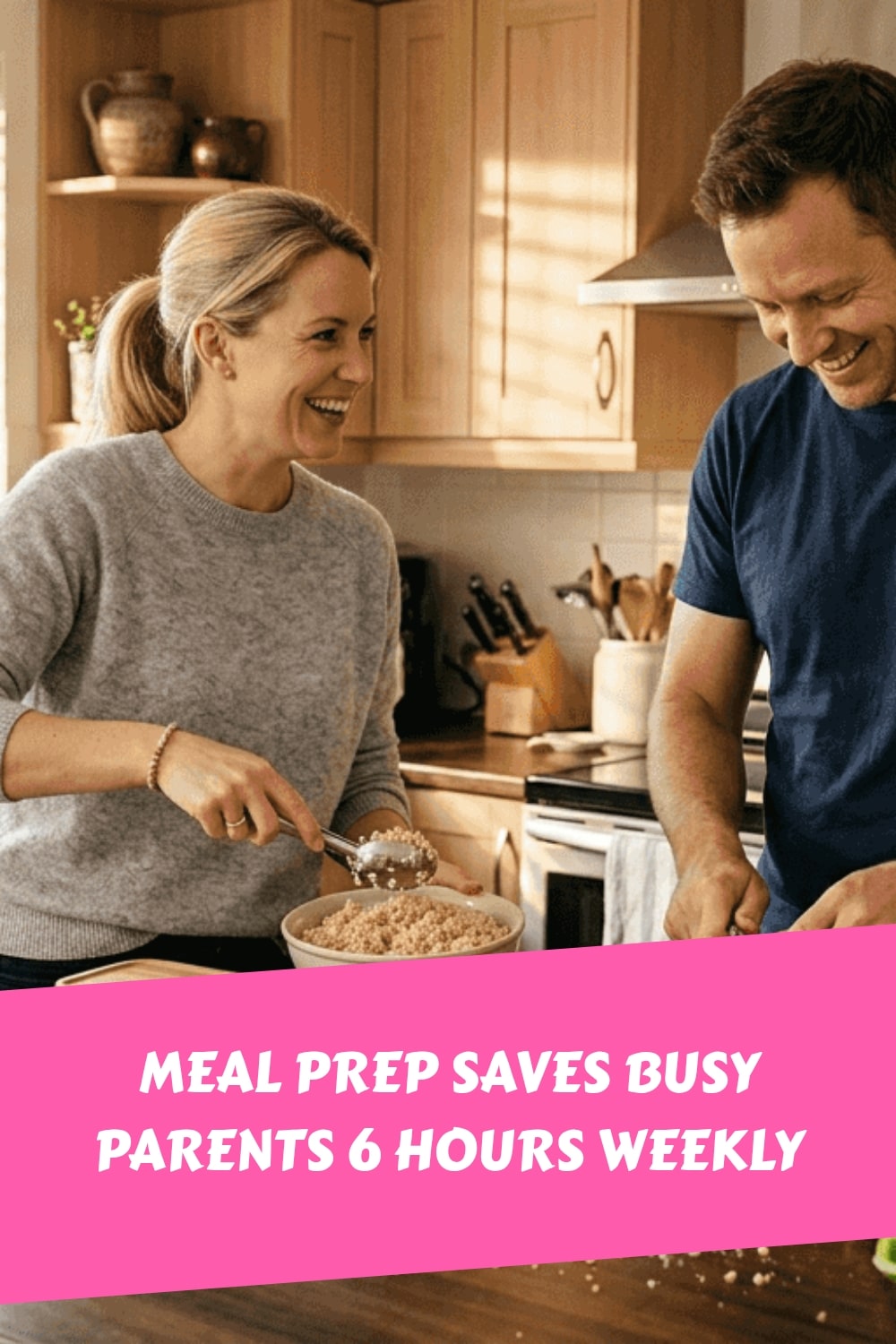 A smiling man and woman prepare food together in a kitchen. A pink banner at the bottom reads, Meal prep saves busy parents 6 hours weekly.