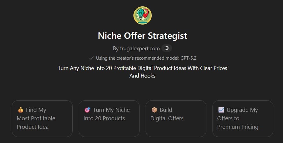 Niche Offer Strategist GPT interface showing the four conversation starters
