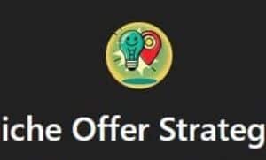 A circular icon featuring a lightbulb and map pin above the text "Niche Offer Strategist GPT" on a black background.