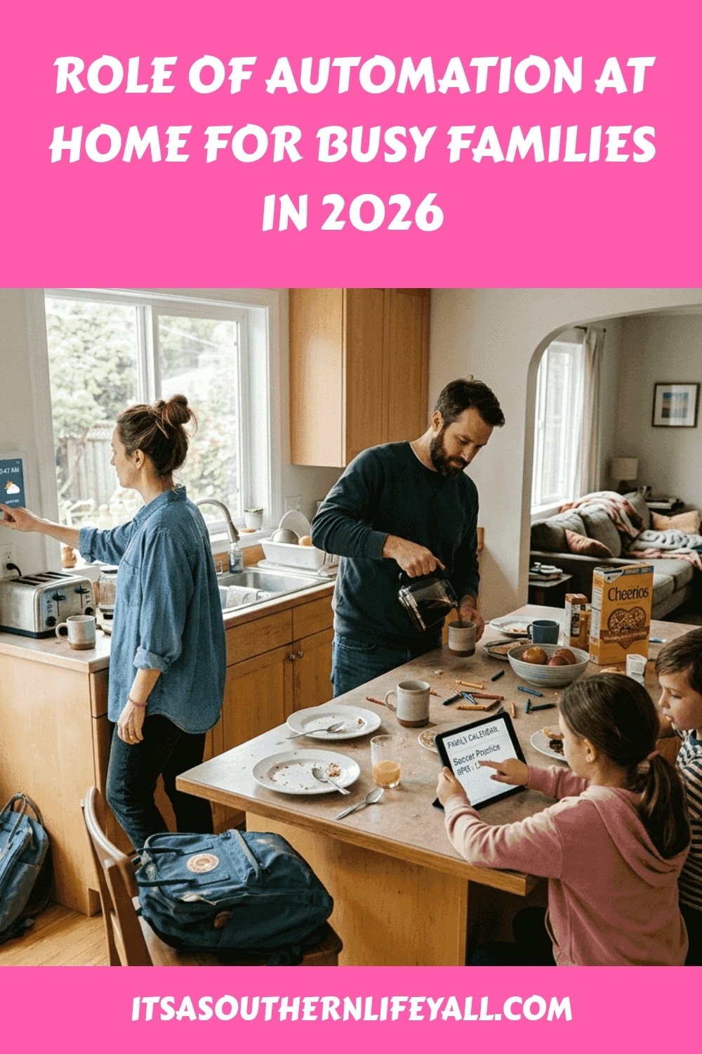 A busy family in a kitchen uses various devices; parents prepare food while children eat breakfast and use tablets. Text above reads, “Role of Automation at Home for Busy Families in 2026.”.