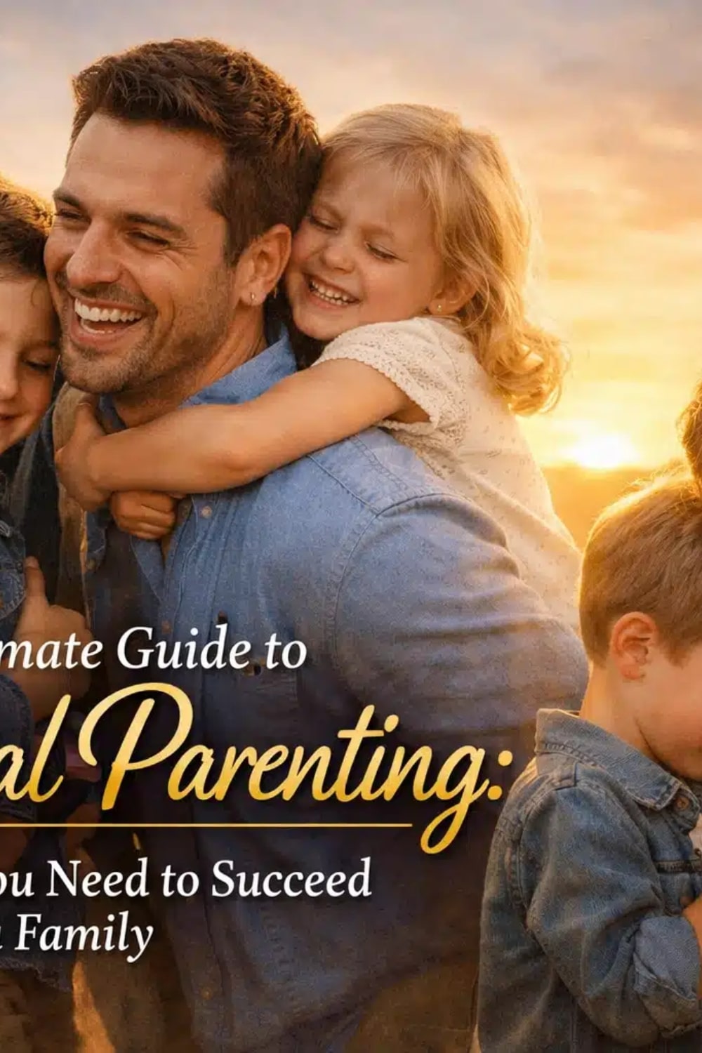 A smiling man hugs four happy children outdoors at sunset. Yellow text over the image reads, Ultimate Guide to Real Parenting: You Need to Succeed Family.