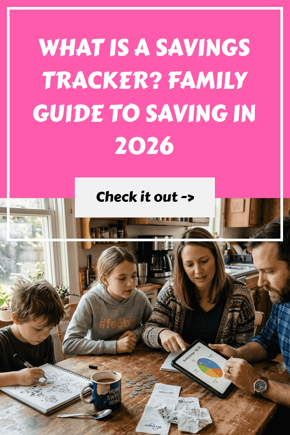 A family of four sits at a table budgeting, with papers, charts, and a tablet. Text above reads: What is a Savings Tracker? Family Guide to Saving in 2026. Check it out.