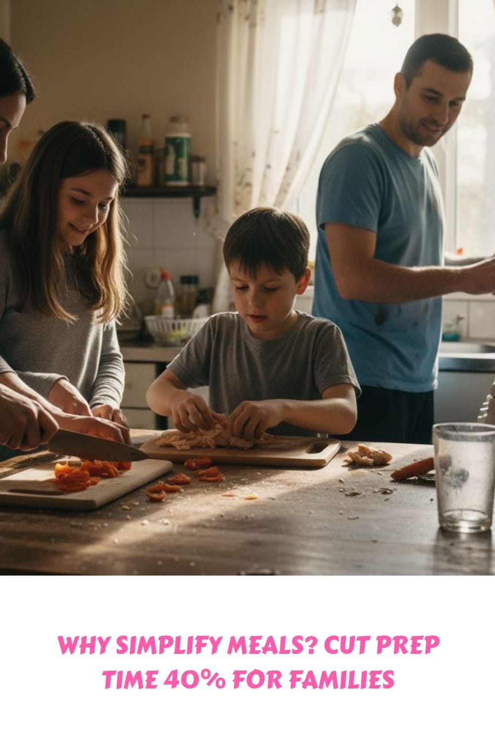 A family of four prepares food together in a bright kitchen, smiling as they chop vegetables. Text below reads: WHY SIMPLIFY MEALS? CUT PREP TIME 40% FOR FAMILIES.