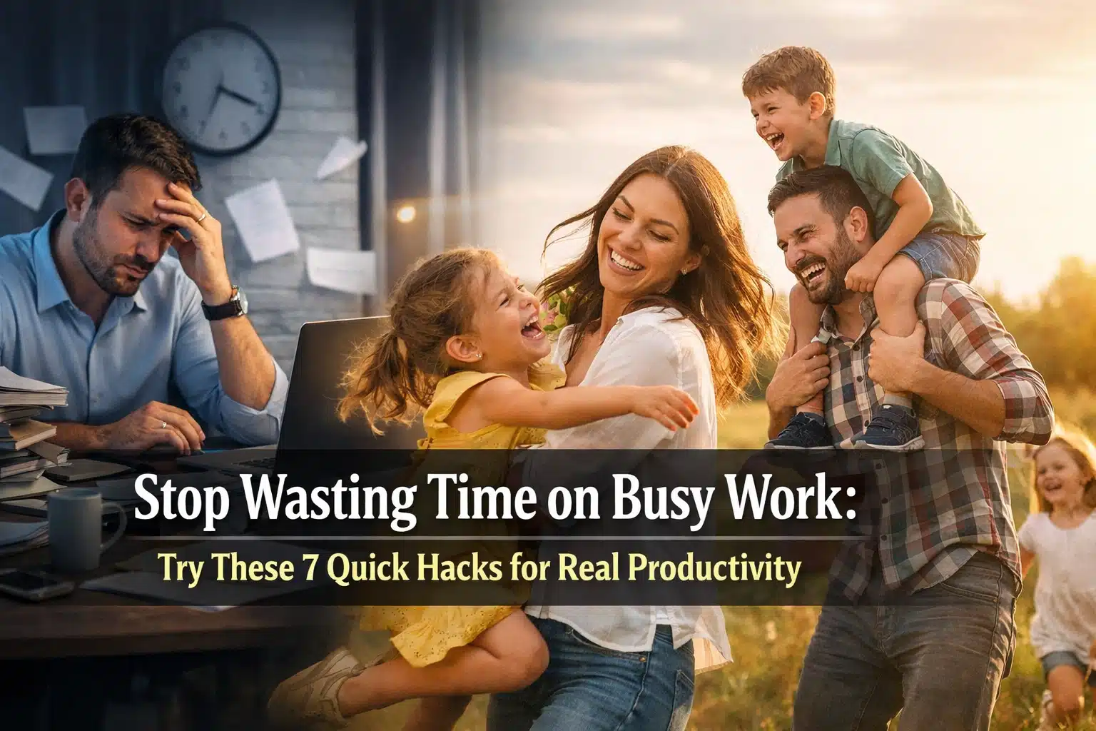 A split-image shows a stressed man surrounded by paperwork on the left, and a happy family playing outdoors on the right. Text reads: “Stop Wasting Time on Busy Work: Try These 7 Quick Hacks for Real Productivity.”.