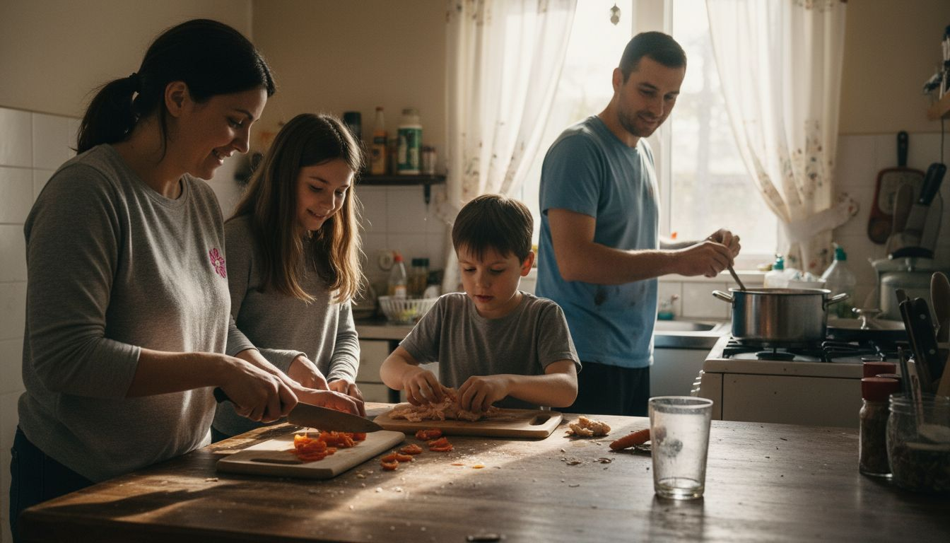 Family working together in cozy home kitchen