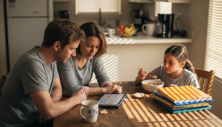 Busy parents using calendar at breakfast