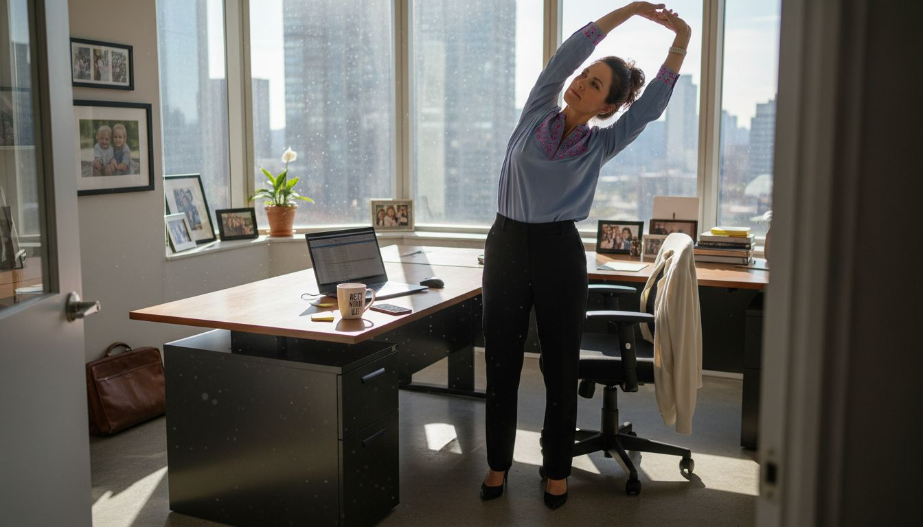 Office worker taking a stretch break by desk