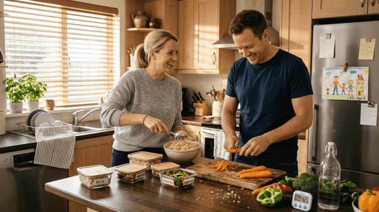 Parents prepping family meals in home kitchen