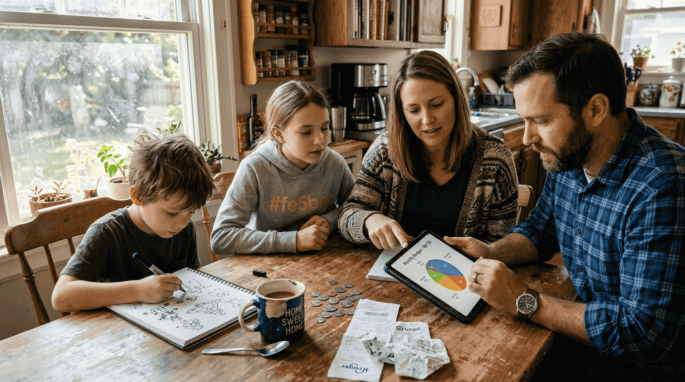 Family using digital savings tracker at kitchen table