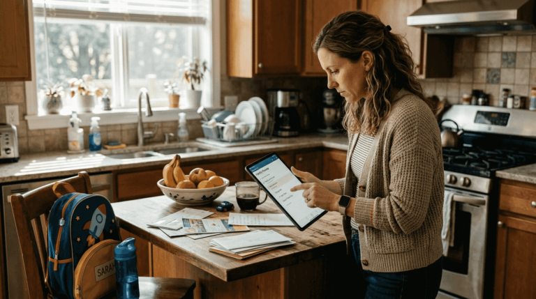 Parent using digital planner in home kitchen