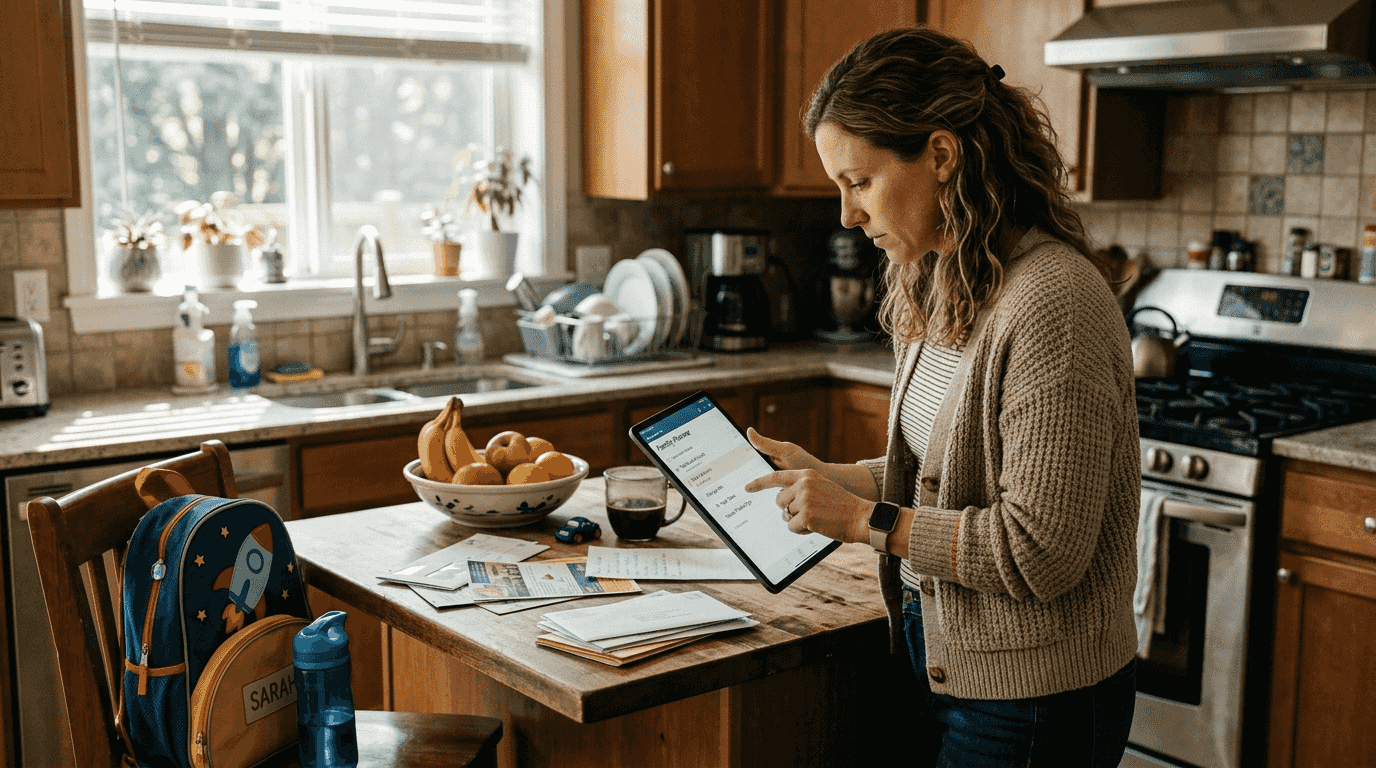 Parent using digital planner in home kitchen