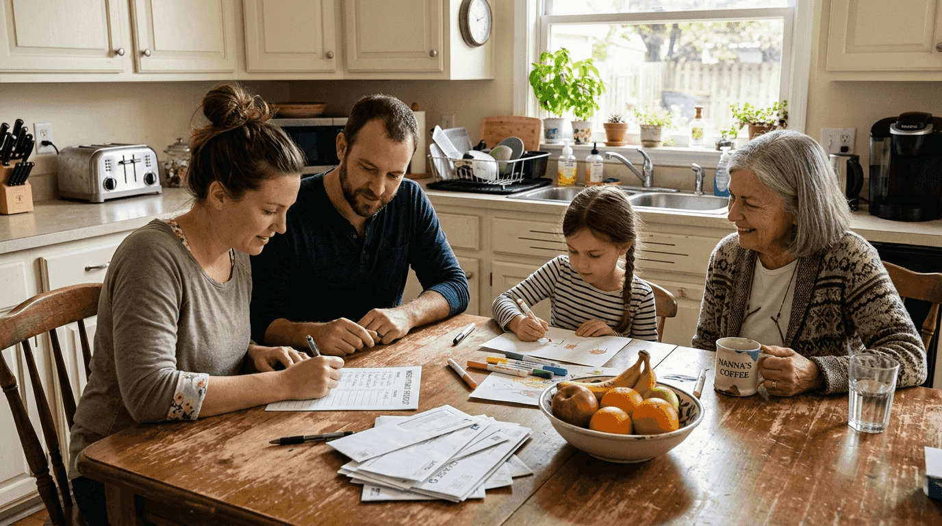 Family gathered making checklist at kitchen table
