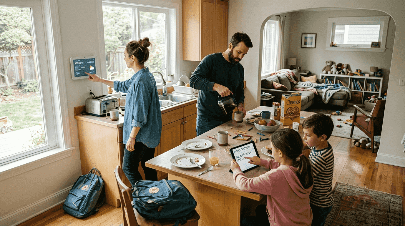 Family using home automation in kitchen
