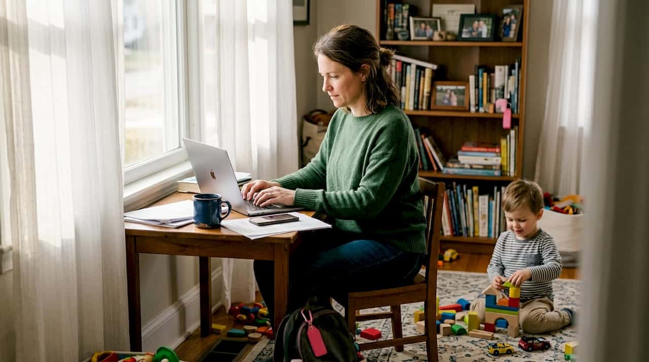 Parent working from home with child playing