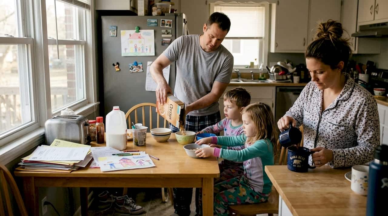 Family starts morning routine in kitchen