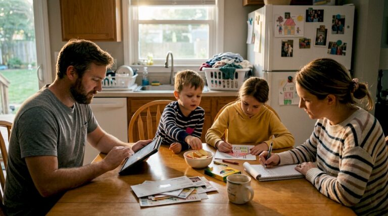 Family planning home projects together at kitchen table