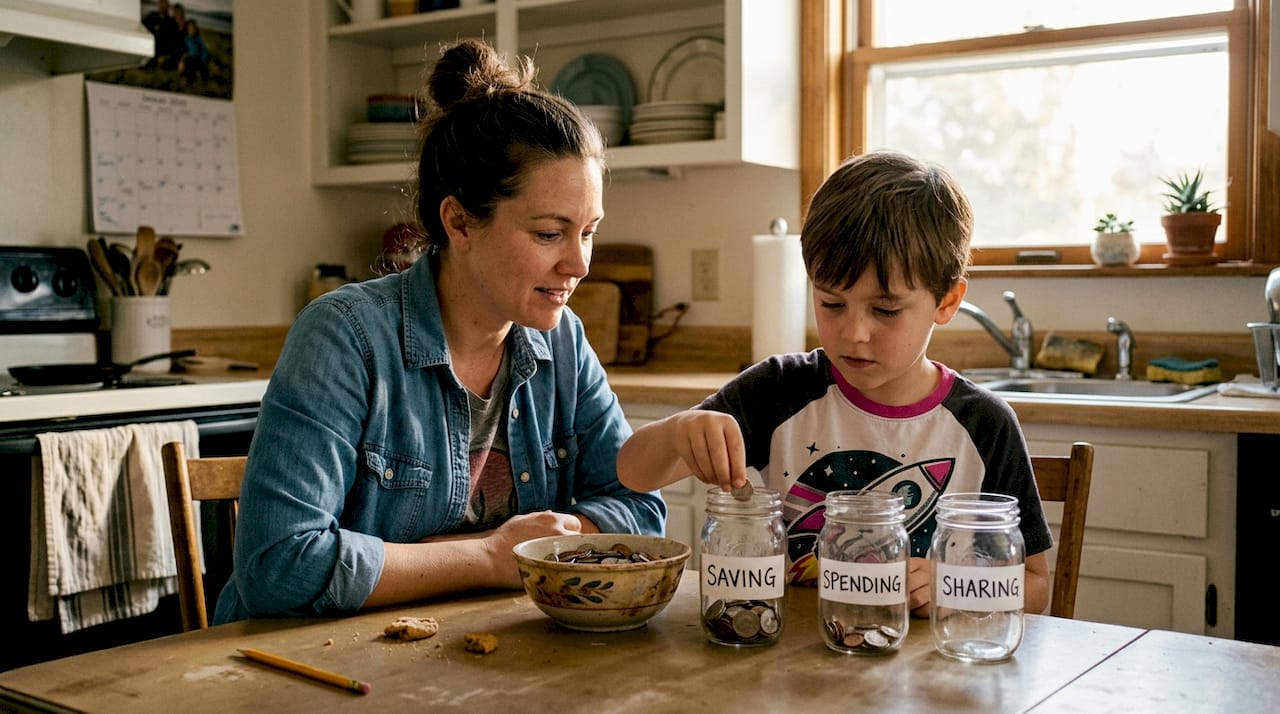 Parent and child sort coins at kitchen table