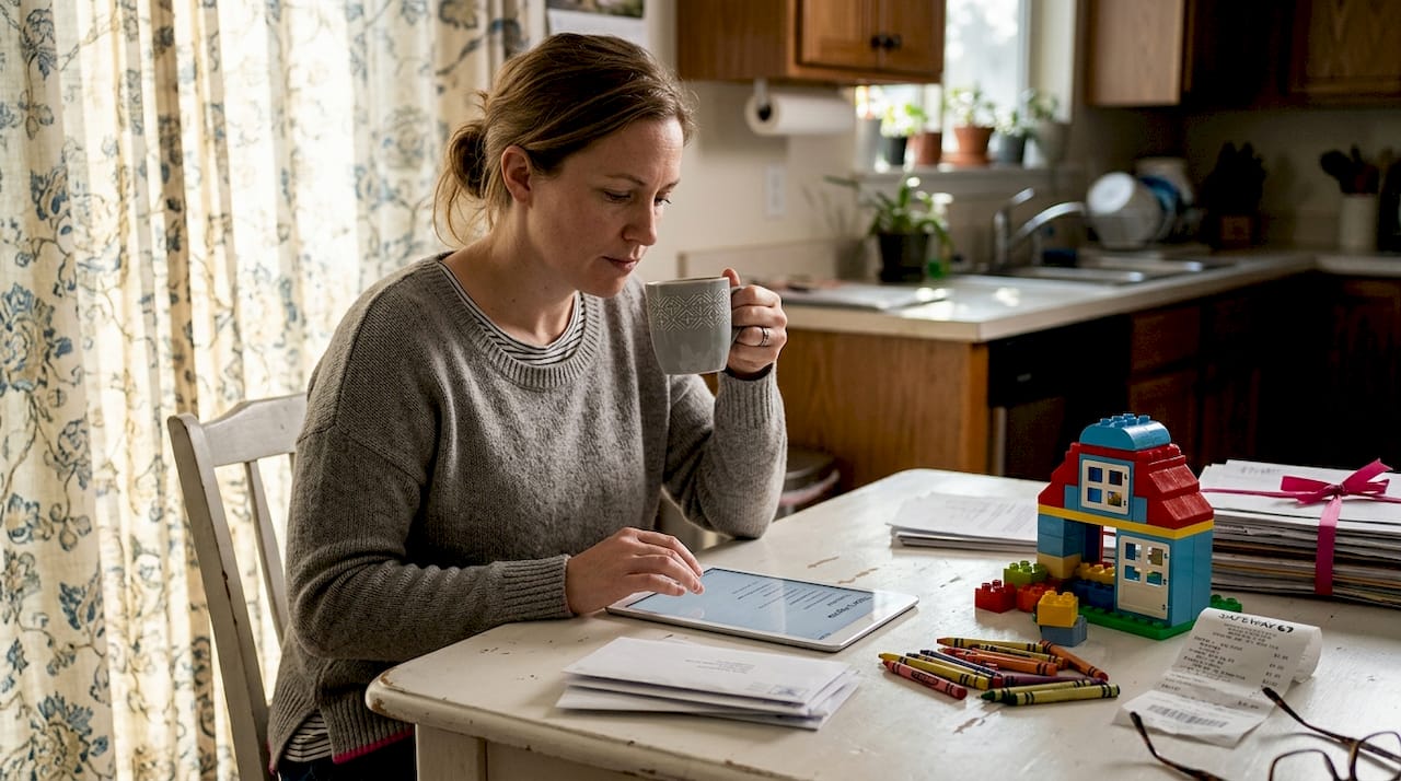 Parent organizing family tasks at kitchen table