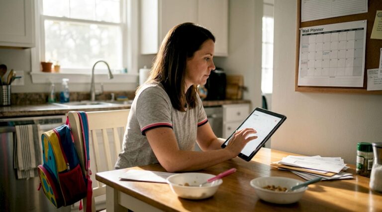 Parent organizing family calendar at kitchen table