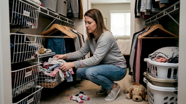 Parent tidying busy household closet