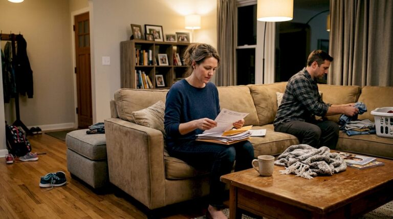 Family sorting paperwork in lived-in living room