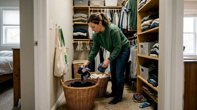 Parent sorting clothes in family closet