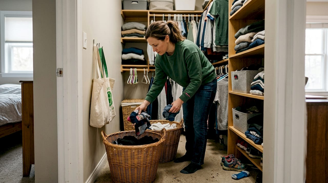 Parent sorting clothes in family closet