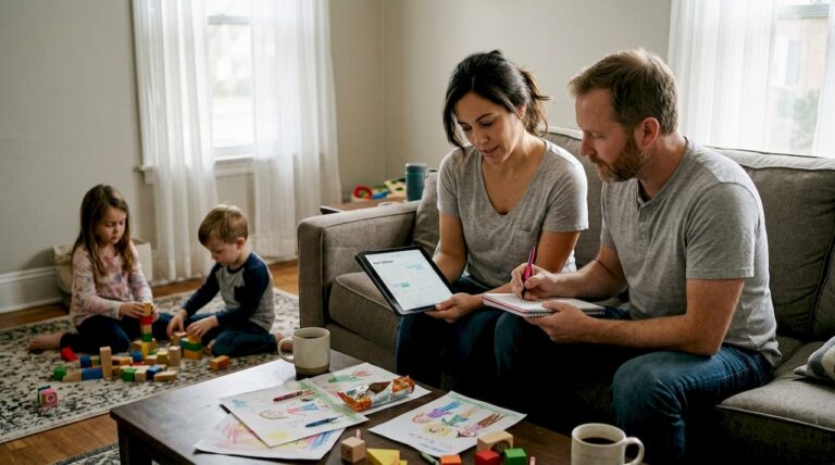 Busy parents organizing routines at home