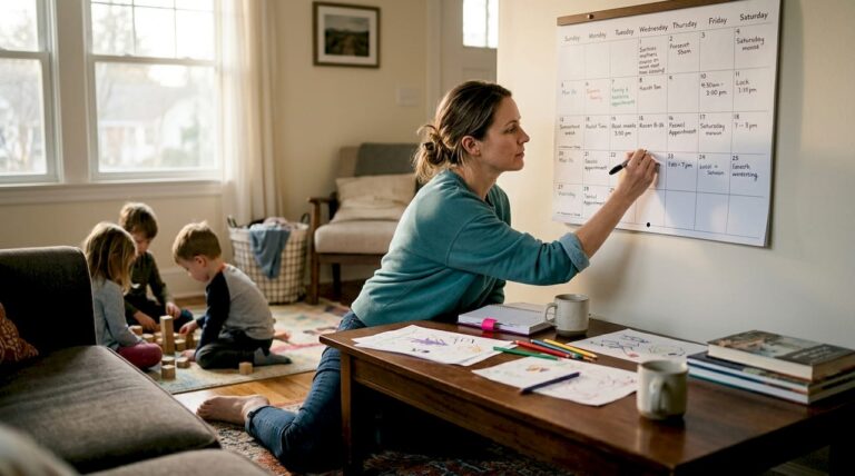 Mother balancing schedule in family living room