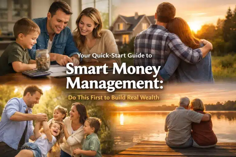 A collage of happy families enjoying moments together, with a central text overlay: Your Quick-Start Guide to Smart Money Management: Do This First to Build Real Wealth.