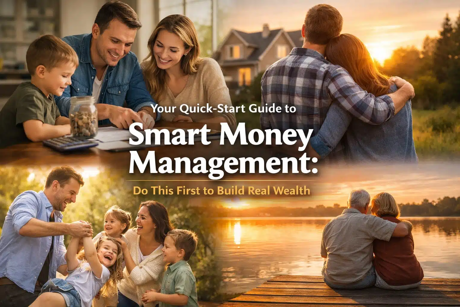 A collage of happy families enjoying moments together, with a central text overlay: Your Quick-Start Guide to Smart Money Management: Do This First to Build Real Wealth.