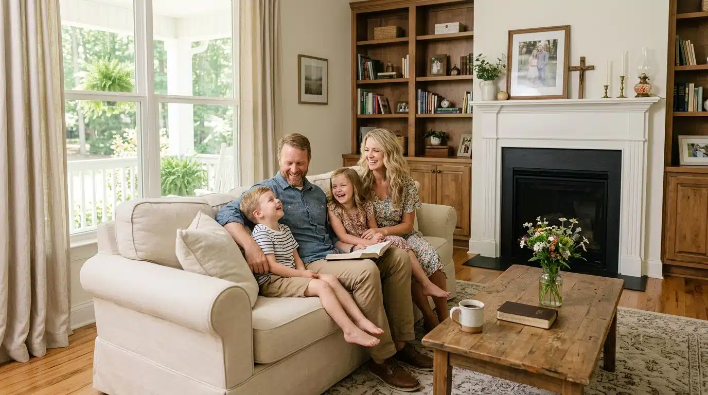 A smiling family of four sits together on a beige couch in a cozy living room, with bookshelves, a fireplace, and a wooden coffee table decorated with flowers and a book. Sunlight streams in through large windows.