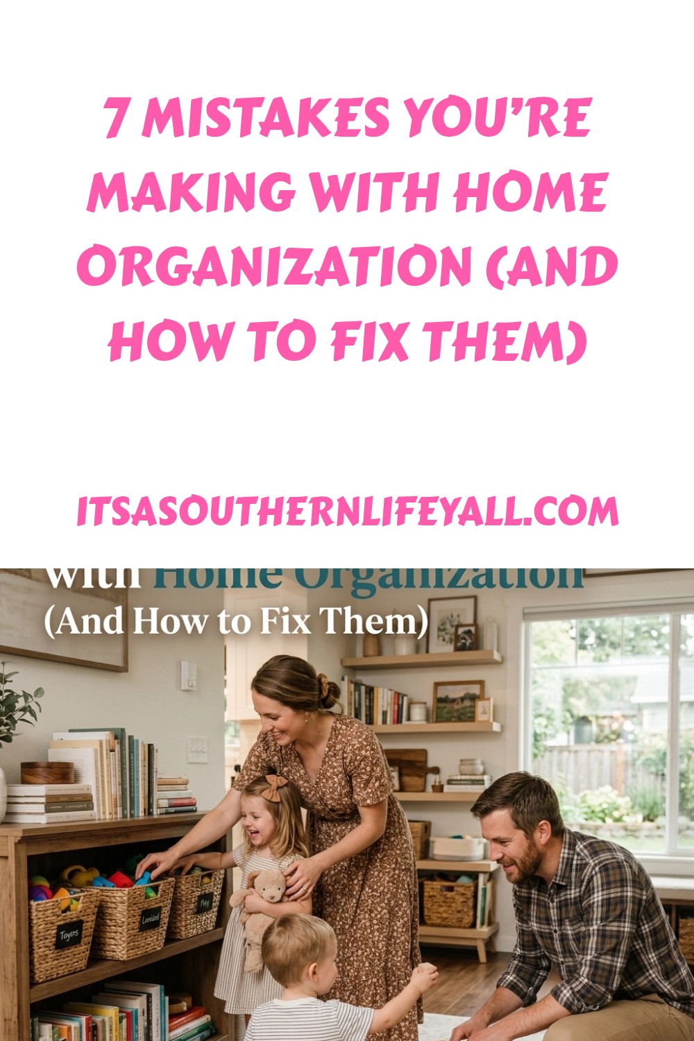 A family of four organizes a living room together, placing items in baskets on shelves. Text above reads, 7 Mistakes You’re Making with Home Organization (and How to Fix Them) itsasouthernlifeyall.com.