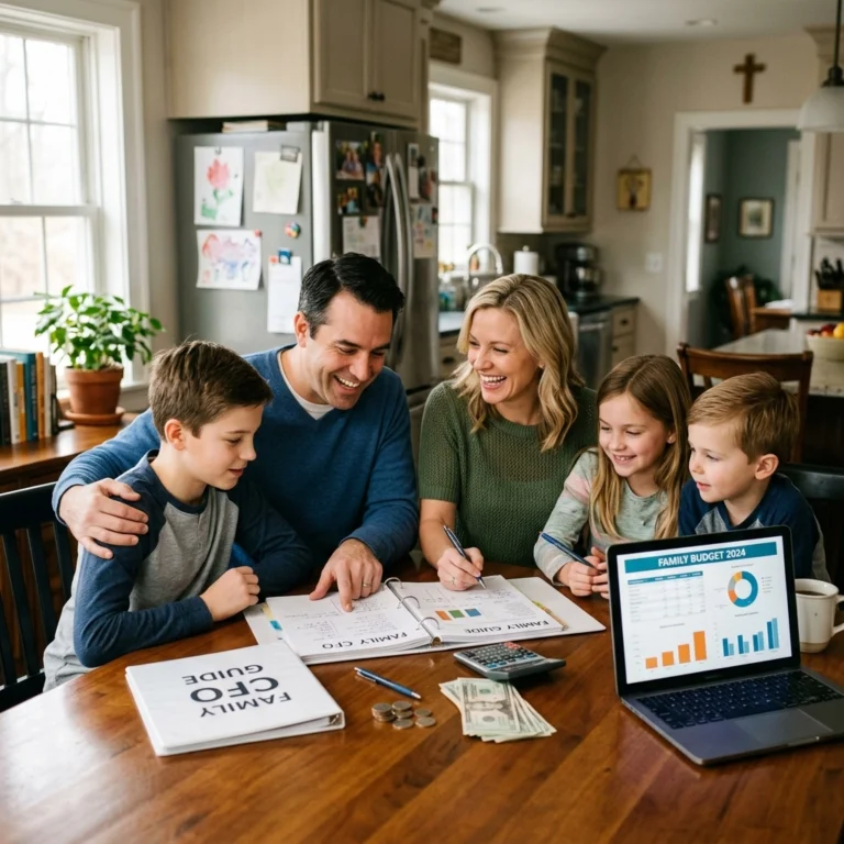 A smiling family of four sits at a kitchen table reviewing budget charts and notes. A laptop displays Family Budget 2024, with papers, cash, and a calculator spread out on the table.