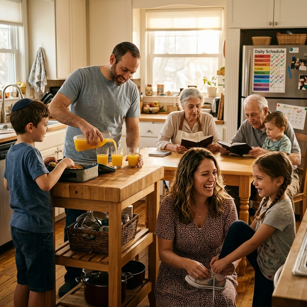A cheerful family gathers in a bright kitchen: a man pours orange juice, two children play and laugh, a woman smiles, and two older adults read at the table. The scene is warm and lively, with sunlight streaming in.