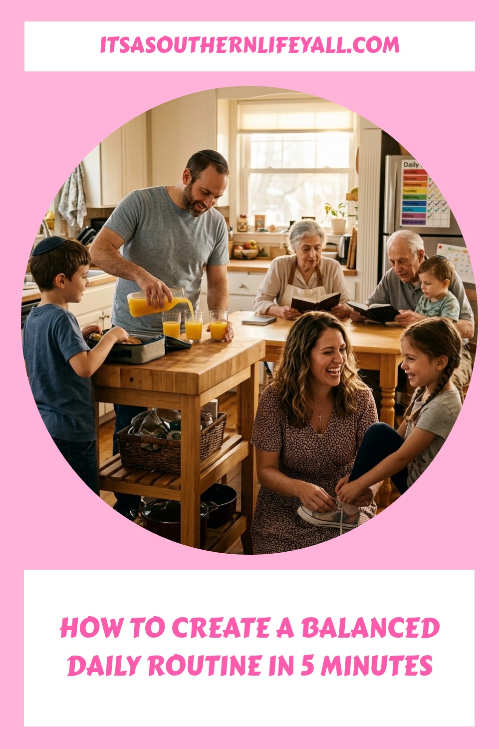 A family of six, including kids and grandparents, gathers in a bright kitchen. An adult pours orange juice, while others smile and chat. The scene has a pink border with text about creating a balanced daily routine.