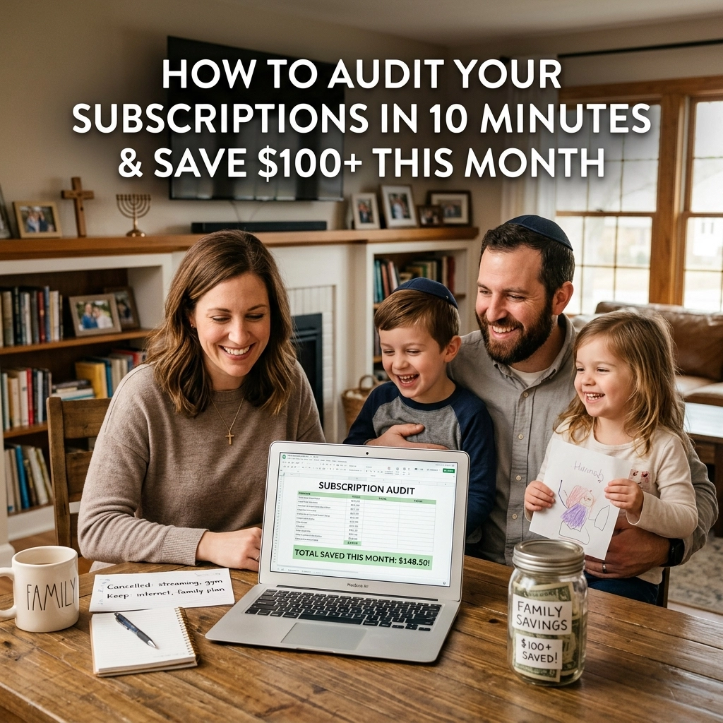 A smiling family of four sits at a table, with a laptop displaying a subscription audit and a jar labeled Family Savings. Bold text above reads, How to audit your subscriptions in 10 minutes & save $100+ this month.